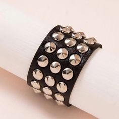 This Unique Piece Is A Wonderful Addition To Your Wardrobe And Your Style; Sure To Get Lots Of Compliments! Gshmvh0030003fc Punk Black Bracelet With Silver Studs, Silver Studs Jewelry For Party, Silver Stud Jewelry For Parties, Black Leather Punk Bracelet With Silver Studs, Punk Style Silver Bracelet With Studs, Silver Punk Bracelets With Studs, Party Leather Bracelet With Rivets, Trendy Leather Bracelet With Rivets For Party, Trendy Party Leather Bracelet With Rivets