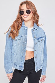 Add an edgy layer to your go-to outfits this season with our Oversized Boyfriend Denim Jacket! Designed to have an oversized fit to give you an effortlessly cool, laid-back look. Made with 100% cotton to give that perfect vintage look and feel. Featuring 2 front button flap pockets, 2 side pockets, button-cuff sleeves, and a front button closure. Due to the nature of the novelty wash process and hand-crafted design, each garment will have a unique appearance. Some washes feature light distressin Medium Wash Relaxed Fit Outerwear For Day Out, Relaxed Fit Medium Wash Outerwear For Day Out, Oversized Washed Denim Outerwear, Denim Jacket With Frayed Hem For Streetwear, Light Wash Outerwear With Frayed Hem For Day Out, Oversized Fall Denim Jacket For Everyday, Light Wash Cotton Denim Jacket For Day Out, Dark Wash Denim Jacket With Frayed Hem For Streetwear, Light Wash Relaxed Fit Denim Jacket For Everyday