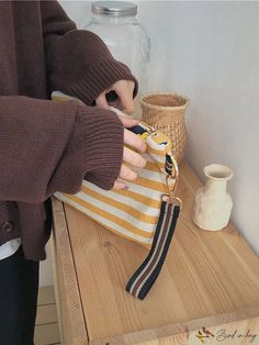 BirdinBag - Striped Fashion Wristlet Bag - Medium Size Yellow Pouch Phone Bag For Daily Use, Everyday Handheld Pouch With Wrist Strap, Everyday Handheld Bags With Wrist Strap, Everyday Clutch Bag With Wrist Strap, Daily Use Clutch Bag With Wrist Strap, Everyday Handheld Bag With Wrist Strap, Casual Clutch Bag With Wrist Strap, Handheld Bags With Wrist Strap For Gifts, Daily Use Clutch With Wrist Strap