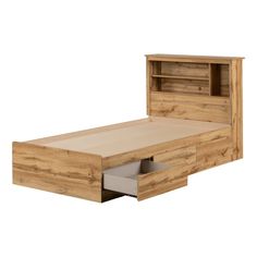 a wooden bed with drawers underneath it