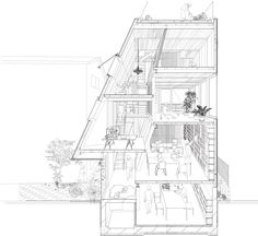 an architectural drawing shows the inside of a house with several floors and walls, as well as