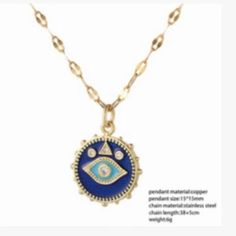 Cute Evil Eye charm necklace for any occasion Gold-tone Gold Plated Charm Necklace With Round Pendant, Gold-tone Round Pendant Charm Necklace, Bohemian Rose Gold Dangle Jewelry, Gold-tone Charm Necklace With Delicate Chain And Round Pendant, Gold-tone Brass Charm Necklace With Round Pendant, Blue Alloy Pendant Jewelry, Gold Plated Medallion Necklace With Lobster Clasp, Gold Alloy Long Necklace, Bohemian Charm Necklaces With Clavicle Chain