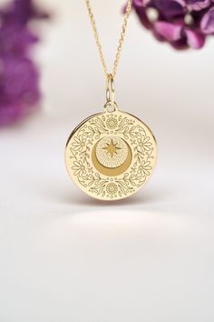 Our 14k Solid Gold Moon And Flowers Necklace can be personalized with a custom engraving on the back of the pendant.  It's a very nice gift for Birthdays, Anniversaries and Weddings. Moon represents calmness, beauty and nurturing. ● 14K SOLID GOLD ● FREE BACK SIDE PERSONALIZATION ● FREE SHIPPING  ● Inner diameter of the jump ring is 4mm ● Pendant thickness is 0.5mm 🇺🇸 All items are HANDMADE IN USA 🇺🇸 All materials are sourced from USA ● Chain Length Options    - Without Chain    - 40 cm / 16 Engraved Pendant Necklace, Laser Engraved Jewelry, Celestial Pendant, Moon Flowers, Celestial Necklace, Magical Jewelry, Gold Charm Necklace, Gold Moon, Celestial Jewelry