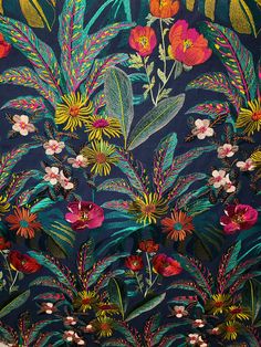 an embroidered fabric with colorful flowers and leaves on it, in dark blue color scheme