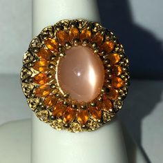 Sri Lankan Apricot Moonstone, Jalisco Fire Opal & White Diamond Gemstones (8.15 Cts) In 18k Yellow Gold Over Sterling Silver Ring Rose Gold Opal Ring, Rhinestone Crown, Moissanite Diamond Rings, Peridot Stone, Opal White, Moonstone Jewelry, Amethyst Purple, Domed Ring, Pretty Rings