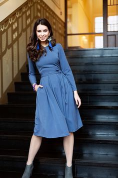 Blue dress with side pockets ➤ Features > Dress length: 99cm (38,97'') - 102cm (40,15'') > Long sleeves > Rounded neckline > Folds in skirt part > Zipper on the back ➤ Sizing My Size Guide in FAQ section below will help you define the perfect size match. The item can also be made according to your measurements - just message them to me. ➤ Delivery Your item is made-to-order and will be ready within 2-7 days. Average delivery times: > North America: up to 1-2 weeks > New Zeal Fitted A-line Belted Dress For Party, Blue Full Skirt Dress For Party, Blue Full Skirt Party Dress, Fitted Blue A-line Long Sleeve Dress, Blue Midi Length Long Sleeve Party Dress, Blue Midi Long Sleeve Party Dress, Fitted Flared Skirt Cocktail Dress, Fitted Cocktail Dress With Flared Skirt, Mid-length Pleated Party Dress