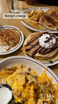 three plates with different types of food on them, including pancakes and quesadillas