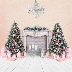 a fireplace decorated with christmas trees and presents