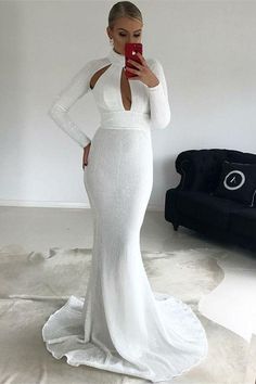 High Neck Evening Gown, Mermaid High, Jessica White, Evening Gowns With Sleeves, White Lady, Dream Prom, Gown Inspiration, Lady Style, Make Your Own Dress