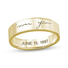 Create a personalized symbol of love that's meaningful to you with this engravable handwriting ring in 10K gold. Fashioned in warm 10K gold This 5.0mm-wide band showcases your or your loved one's actual handwriting - expertly transferred onto the top of the band using the latest technology. Further customize the look with a hidden message - up to 20 characters in length - inscribed along the inside of the shank. Ready for all-day wear, the inside of the shank is rounded for comfort. Please follo Signature Engraved Jewelry For Anniversary, Classic Promise Ring With Engraved Text, Personalized Yellow Gold Engraved Ring For Promise, Personalized Yellow Gold Engraved Promise Ring, Customizable Yellow Gold Promise Ring, Personalized Engraved Yellow Gold Promise Ring, Signature Yellow Gold Jewelry For Anniversary, Customizable Yellow Gold Engraved Promise Ring, Classic Engraved Nameplate Ring For Anniversary