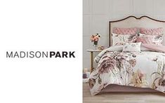 the madison park bedding is shown in pink and white