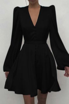 Satin V Neck Puff Long Sleeve Mini Dress Black Party Dresses Short, Bishop Sleeve Dress, White Silk Dress, Designer Midi Dresses, Flowing Dresses, Puff Long Sleeves, Black Short Dress, V Neck Midi Dress, Silk Slip Dress