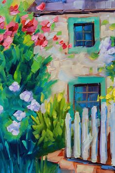 an oil painting of a house and flowers