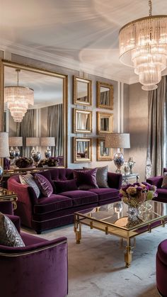 a living room filled with purple couches next to a tall mirror and chandelier