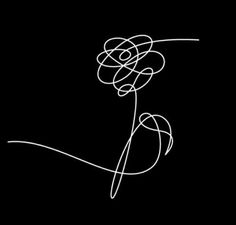 a black and white drawing of a flower on a black background with the word love written across it