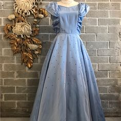 1940s Evening Gown Powder Blue Sharkskin Taffeta Ruched Bust Full Skirt Cap Sleeves Good Vintage Condition! There Is A Cluster Of Tiny Holes (Pictured) And They Blend In With The Rhinestones. Size Large Bust 40/42” Waist 32” Shoulder To Waist 16” Length 53” 1940s Gown, 1940s Evening Dresses, Gown Vintage, Formal Gown, Gown Dress, Large Bust, Formal Gowns, Powder Blue, Full Skirt