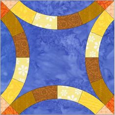 a blue, yellow and brown square with circles on it