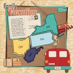 a family vacation map with cars and luggage