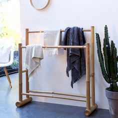 there is a rack with towels on it next to a potted cactus