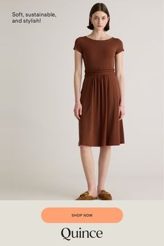 Fitted where you want it, flowy where it feels good. Our Tencel Jersey Ruched Waist Dress is the one-and-done outfit you’ll go to season after season. Eco-cool and all-day comfy, it’s as soft as it is sustainable, and it’s part of our growing knit-dress collection. With hidden side pockets for extra functionality, you’ll definitely say yes to this dress.  | Quince | Women's Tencel Jersey Ruched Waist Dress in Brown, Size Small Cotton A-line Midi Dress With Ruched Detail, Ruched Waist Dress, Waist Dress, Dress C, Knit Dress, Dress Collection, Dress Skirt, Womens Dresses, Knitting