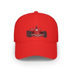 a red cap with a racing car drawn on it