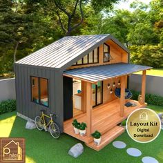 a small house with a bicycle parked in front of it and the words layout kit written below