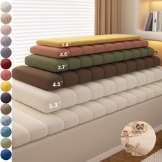 the bedding is stacked up with different colors and sizes for each individual to choose from