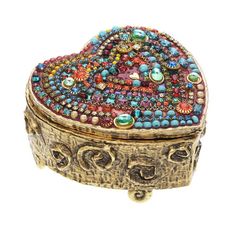 "A lovely gold plated jewelry box or gift box embedded with crystals in an antique and vintage inspired look. This box makes a great birthday, anniversary or holiday gift. The sides are decorated with an abstract swirl design while the top is inlaid with multicolor Swarovski crystals. The perfect place to put rings, stud earrings, medicine or other small items. Professionally hand crafted in my studio from copper, freshwater pearls, gemstones and crystals. Item Details: -Materials: Swarovski cry