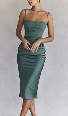 Our midi dress has an elegant and glamorous feel in a fresh forest hue. The bodice is cut from a semi-sheer georgette and fitted with our incredible corsetry boning to cinch the waist. It has a zip to the back for easy on and is fully lined for a smooth and comfortable finish.WHERE TO WEAR:<span data-font-family='-apple-system. "system-ui". "San Franci... Pleated Party Dress, Corset Midi Dress, Satin Slip, Green Satin, Corset Dress, Guest Dresses, Flat Sandals, Wedding Guest Dress, Green Dress