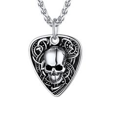 PRICES MAY VARY. 🎸 💀 Creative Guitar Pick Pendant with Skull, rock and punk jewelry for men and women. Necklace Material : surgical Stainless Steel made, robust, easy to maintain and lasting color, lead free, nickel free, hypoallergenic ! polished finish rope chain and textured pendant front. Dimension : Guitar Pick measures 1.45" x 1" /35 x 26mm, 6mm thick ; Chain width 3mm, length 22"+2 inches extension link. Necklace weight 27 grams. Punk Rock Necklace for dad, husband, biker, boyfriend on Punk Necklaces For Halloween Concert, Punk Style Necklaces For Halloween Concert, Punk Style Jewelry For Halloween Concert, Silver Jewelry For Halloween Concert, Silver Halloween Concert Jewelry, Metal Jewelry For Halloween Concert, Halloween Concert Metal Jewelry, Adjustable Necklaces For Halloween Concert, Grunge Style Jewelry With Adjustable Chain For Concerts