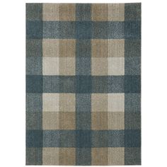 an area rug with blue and brown plaid pattern