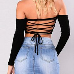 3 For 10$ Any Items 10$ And Under Are 3 For 10$ Nwt Choies Size Medium Black Crop Top Long Sleeve Off The Shoulder Tie Back Stretchy Ribbed Mesh Tops, Backless Crop Top, Black Off Shoulder, Cropped Blouse, Rock Chic, Knitted Tops, Swimsuits High Waisted, 2017 Fashion, Long Crop Top