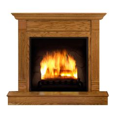 a wooden fireplace with fire burning in it's side and flames on the sides