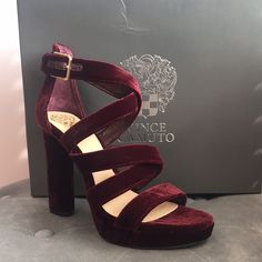 Vince Camuto Velvet Catyna In Absolutely Gorgeous Wine Shade. Beautiful And Comfortable Sandal With A Strappy Criss Cross Upper Design. 100% Suede With An Adjustable Ankle Strap And Buckle Plus A Padded Footbed. Nwt, Never Worn Sadly Due To An Ankle Injury. Approximate Measurements: Heel Is 4.25" And Platform Height Is 1" Length From Toe To Heel Is Approx 8.25” Burgundy Sandals With Round Toe For Evening, Burgundy Open Toe Sandals For Evening, Elegant Burgundy Sandals For Party, Burgundy Round Toe Sandals For Party, Burgundy Open Toe Sandals For Formal Occasions, Burgundy Open Toe Formal Sandals, Formal Burgundy Ankle Strap Sandals, Luxury Burgundy Heels For Party, Formal Burgundy Open Toe Sandals