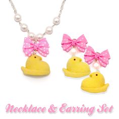 "This necklace and earrings are so kawaii and realistic, perfect for Easter or the entire Spring season and makes a great gift for a daughter, friend or any woman in your life who loves food jewelry or statement earrings! Comes in a free pink gift box. This listing is for one necklace and one pair of earrings. I handmade these super cute yellow faux marshmallow chicks from polymer clay and added a realistic sugar-like texture.  Earrings: Pink bows with white polka dots are attached to surgical steel post earrings. Please note these earrings are chunky and large. Chicks are 1\"x1.25\". Chick Earrings are about 2\" in total length. Chicks are flat on the back. Posts are hypoallergenic surgical steel.  Necklace: 1x1.25\" yellow chick hangs below a pink and white polka dot bow. Necklace comes Cute Valentine's Day Jewelry, Cute Jewelry For Valentine's Day, Pink Jewelry For Easter Gift, Whimsical Jewelry With Cute Design For Gifts, Playful Pink Jewelry For Easter, Kawaii White Party Jewelry, White Kawaii Jewelry For Party, Cute Handmade Easter Jewelry, Kawaii Jewelry For Valentine's Day Party