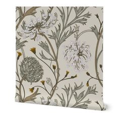 a floral wallpaper with white flowers and green leaves on a light gray background,