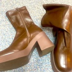 Midi Boots Leather Brown Size 8.5 Retro Leather Platform Boots For Fall, Retro Brown Boots For Spring, Brown Retro Boots For Spring, Retro Round Toe Platform Boots For Spring, Retro Round Toe Heeled Boots For Spring, Retro Ankle-high Boots For Fall, Retro Spring Heeled Boots With Round Toe, Retro Round Toe Heels In Faux Leather, Retro Brown Platform Boots For Fall