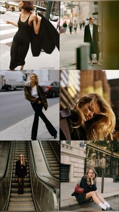 a collage of photos with women on escalators