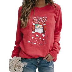 Red Cotton Blend Joy Christmas Print Sweatshirt Red Long Sleeve Christmas T-shirt, Red Holiday Sweatshirt For Winter, Casual Christmas Sweater With Relaxed Fit, Red Casual Holiday Sweatshirt, Casual Red Sweatshirt For Holidays, Casual Red Holiday Sweatshirt, Red Long Sleeve T-shirt For Winter, Red Long Sleeve Christmas Tops, Red Long Sleeve Winter T-shirt