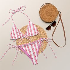 Welcome to Sand and Sun Vibe by LR. We design unique apparel that you will not find in stores.  Our  Coquette Cherry Pink Striped Swimwear is Perfect for your next vacation, beach outing, or pool party! Makes a perfect gift for her.  Item Details: * Soft and stretchy material with UPF 50+ * Sizes up to 6XL * Bikini top comes with removable padding for comfort * Multiple ways to tie and style the bikini set * Color design options for swimwear lining Please visit store for child matching swimwear and matching beach accessories Disclaimers:  * Due to the 2-layered construction and internal stitching, a visible stitch may appear in the crotch seam of the bikini bottom. This is a normal part of the manufacturing process and does not impact the quality or performance of the product. * To make yo Coquette Cherry, Mommy And Me Swimwear, Beach Outing, Striped Swimwear, Girl Trip, Matching Swimwear, Beach Accessories, Vacation Beach, Bridal Party Gifts