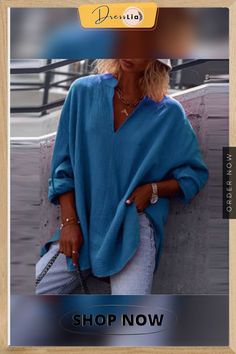 Women Autumn Casual Long Sleeve V-neck Blouse Solid Color Loose Pullover Top Ladies Commuter Fashion Simple All-match Shirt Trendy V-neck Top For Vacation, Trendy Oversized V-neck Blouse, Blue V-neck Blouse For Fall, Casual Solid Color V-neck Top For Spring, Trendy Solid Color V-neck Blouse, Fall Beach V-neck Blouse, Solid Color V-neck Blouse For Vacation, Solid Color V-neck Blouse For Summer, Summer Solid Color V-neck Blouse