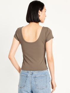 scoop neck scoop back short sleeves fitted hits below waist models are approx.  5'9" and wear sizes s (4), l (12), and xl (18)machine wash according to the care instruction label Fitted Cap Sleeve Top For Everyday, Seamless Fitted Casual T-shirt, Basic Summer Top With Scoop Back, Trendy Short Sleeve Scoop Neck Top, Everyday Cotton Short Sleeve Top With Scoop Neck, Basic Seamless Tops With Scoop Back, Basic Spring Top With Scoop Back, Basic Scoop Back Top For Spring, Casual Seamless Cotton T-shirt