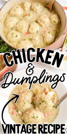 chicken and dumplings vintage recipe in a pan with the title overlay that reads, chicken and dumplings vintage recipe