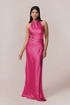 Model: Jacinth; Size: 4 Fitted Satin Finish Backless Maxi Dress, Fitted Backless Maxi Dress With Satin Finish, Fitted Silk Halter Dress With Back Opening, Fitted Satin Bridesmaid Dress With Tie Back, Elegant Pink Satin Halter Dress, Backless Satin Maxi Dress With Ruched Bodice, Satin Halter Neck Dress With Ruched Back, Fitted Satin Backless Bridesmaid Dress, Evening Satin Maxi Dress With Ruched Back