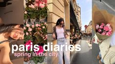 the collage shows people walking down the street with flowers in their hands and one woman holding a flower bouquet