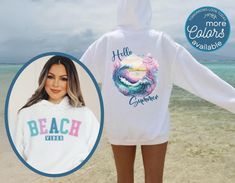 This cute Beach Hoodie is perfect for breezy coastal days or as a swimsuit cover up.  Its trendy front and back design and comfortable fit make it the perfect gift for any beach lover. So whether you're snuggling up on a breezy coastal day, on a Beach vacation this cute Beach hoodie is a great addition to your wardrobe.  Makes a great gift! ♥  ♥ A Tomorrows Look Today Signature Design - this item is Made to Order just for you! ♥  HOODIE  - D E T A I L S ------------------------------------------ Cotton Hoodie For Summer Vacation, Long Sleeve Sweatshirt For Summer Vacation, Trendy White Sweatshirt For Summer, Summer Hoodie With Drawstring Hood, Casual Hoodie For Beach Season Vacation, Trendy Cotton Hoodie For Vacation, Spring Long Sleeve Sweatshirt For Beach, White Cotton Hoodie For Vacation, Casual Summer Beach Sweatshirt