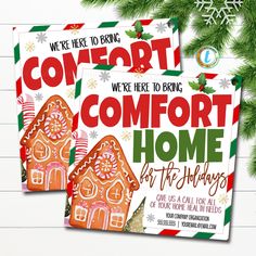 two christmas flyers with gingerbread houses and snowflakes on the front one is for comfort home