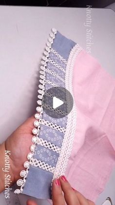 a woman is holding a piece of fabric with crochet on it and the video below shows how to sew