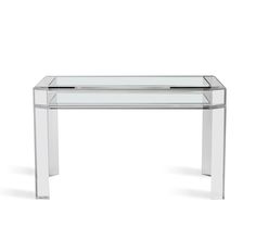 a glass and chrome console table with an acrylic finish on the top, in front of a white background