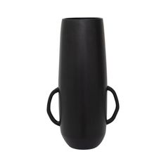 a large black vase with two handles on the front and back sides, sitting against a white background